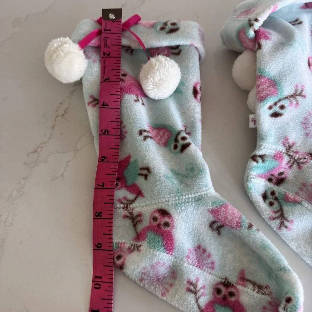 American Girl Owl Fleece Slipper‎ Socks Girls Size 8/9 Blue Pink Pom Pom Cozy